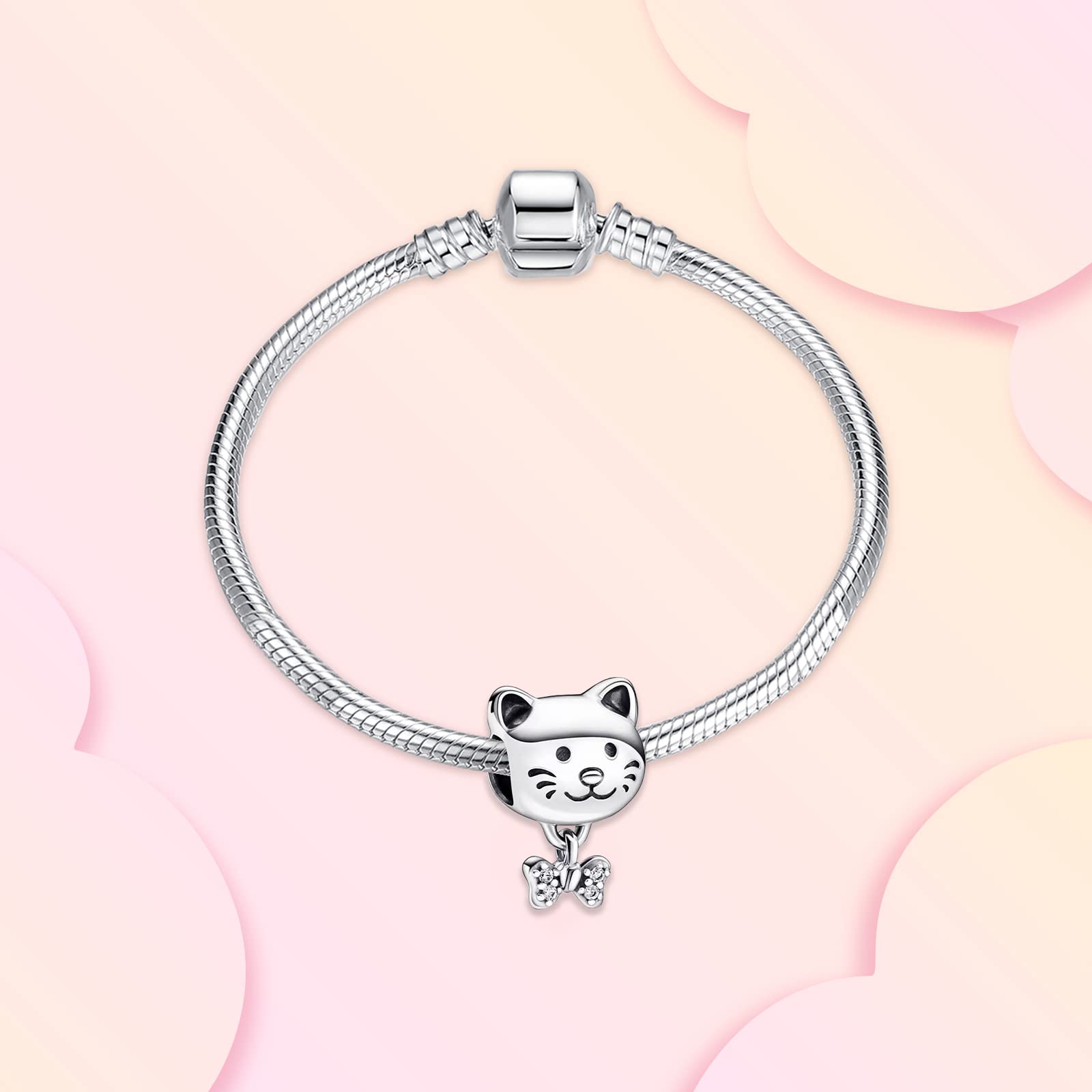 Annmors Pet Cat & Bow Charm 925 Sterling Silver Bead with Cubic Zirconia for Animal Lovers Gifts Christmas Halloween Valentine's