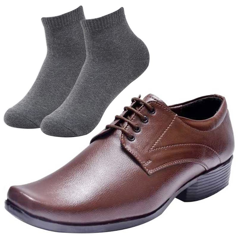 Vitoria l Men Plain Brown Formal Shoes with Dark Gray Socks/8 8