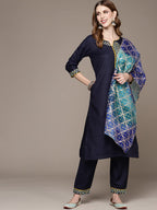Anubhutee Women'S Cotton Navy Blue Solid Solid Straight Kurta Suit Set With Pants And Dupatta