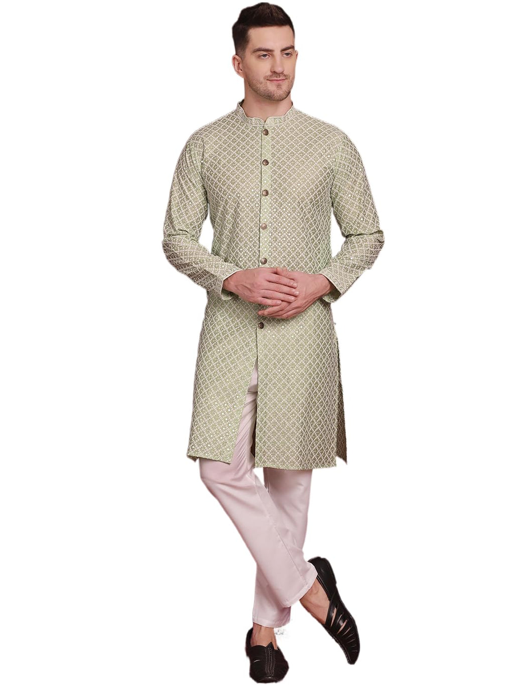 Jompers Mens Sequin Chikankari Front Open Kurta Pyjama Set