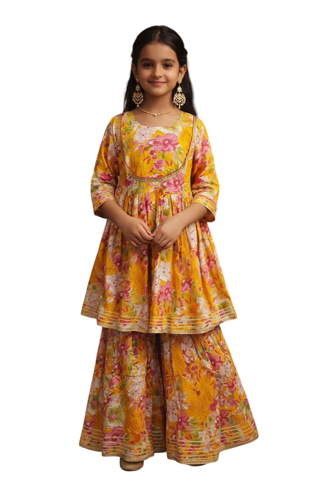 Aarika Girls Ethnic Wear Yellow Colour Floral Printgota Work Cotton Kurti Sharara Set(815 Years)(ShTrK1345Gold40) 14-15