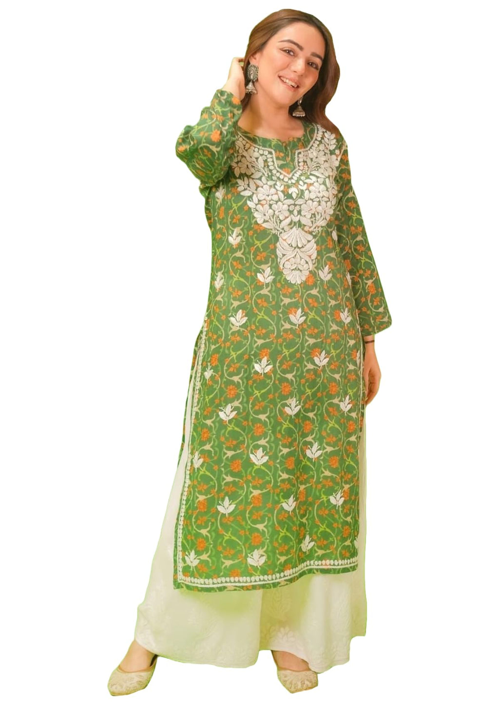 ANNI DESIGNER Womens Rayon Blend Straight Chikankari Embroidered Kurta (Nakusha Green_M_Green_Medium)