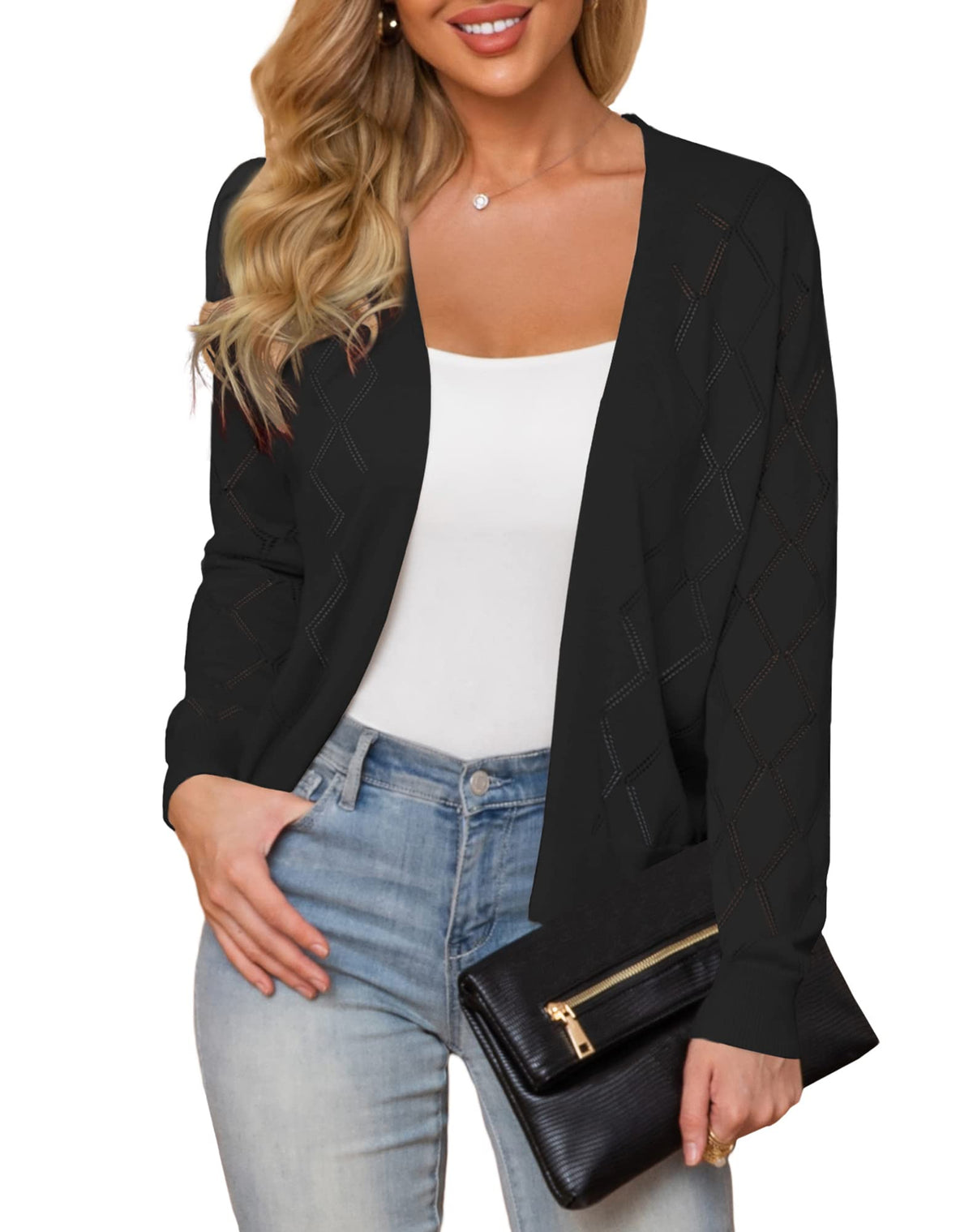 Plusashion WomenS Cardigan Sweaters Lightweight Open Front Long Sleeve Hollow Out (S2X), 01Black, 1X 1