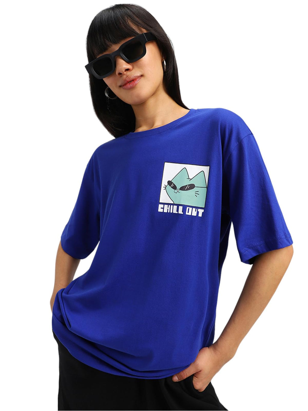 Juneberry Oversize Loose Baggy Fit Drop Shoulder Cool And Stylish Latest Chill Out Pocket Print Design Royal Blue Half Sleeve T-