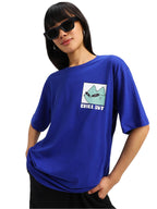 Juneberry Oversize Loose Baggy Fit Drop Shoulder Cool And Stylish Latest Chill Out Pocket Print Design Royal Blue Half Sleeve T-