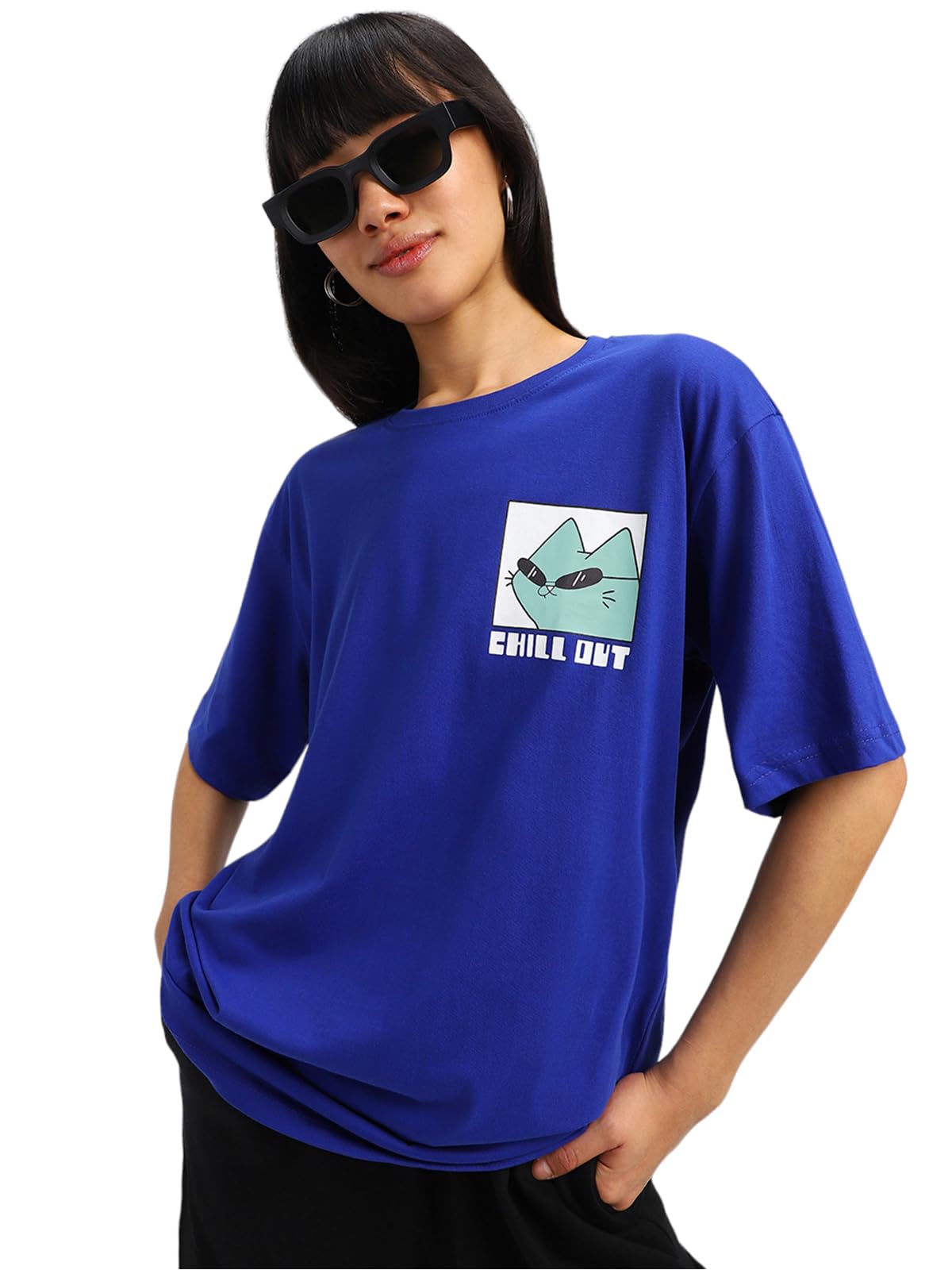 Juneberry Oversize Loose Baggy Fit Drop Shoulder Cool And Stylish Latest Chill Out Pocket Print Design Royal Blue Half Sleeve T-