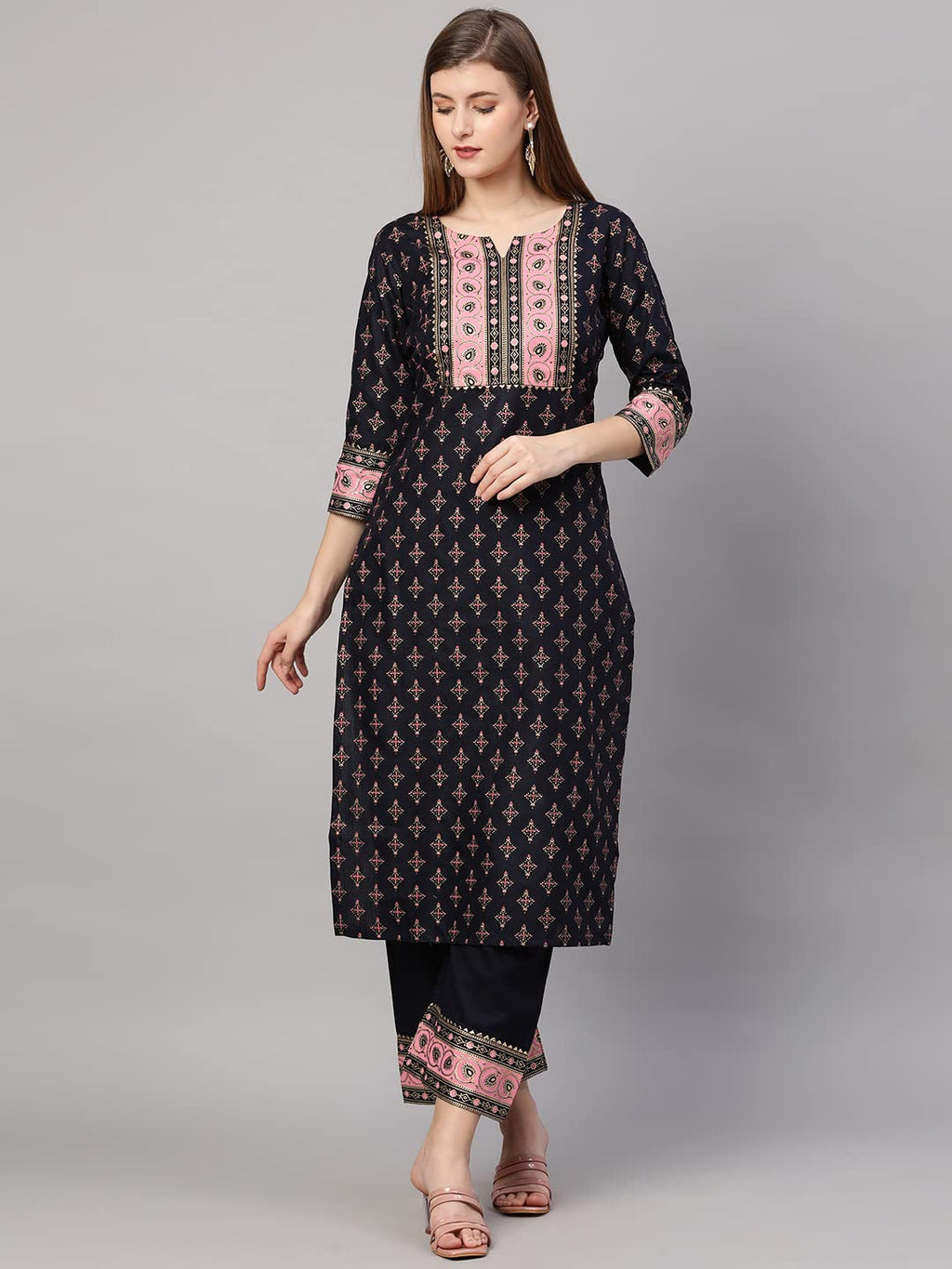 Anni Designer Women'S Cotton Blend Straight Kurta With Palazzo & Dupatta (Deep)
