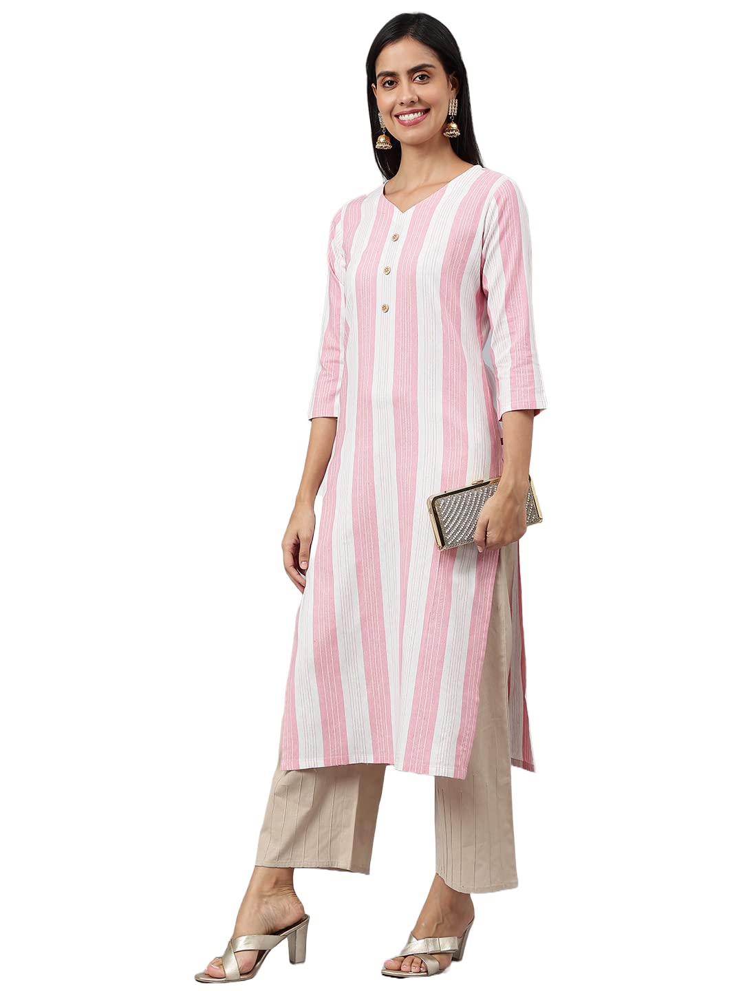 ANNI DESIGNER Womens Cotton Blend Straight Printed Kurta (Ashwini Pink_XXL_Pink_XX-Large)