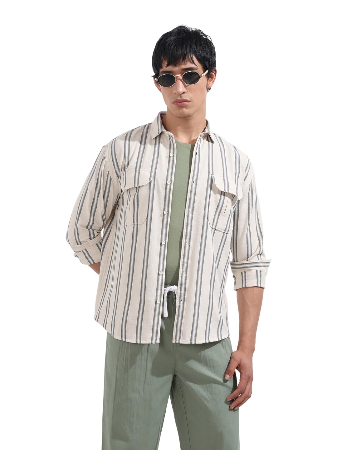 The Indian Garage Co Mens Relaxed Fit Striped Cutaway Collar Full Sleeves Sweater