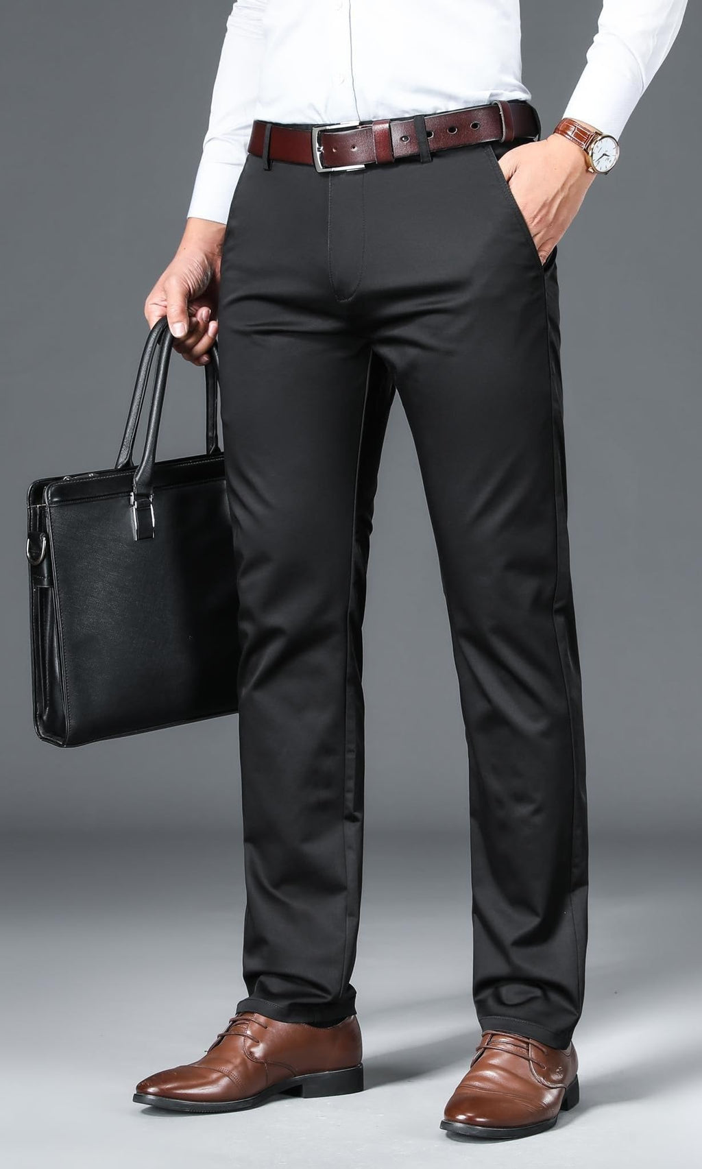 AVANOVA Mens Solid Black Trousers Light Business Style Slightly Stretch Straight Leg Pants for Outdoor Casual Daily Trouser II