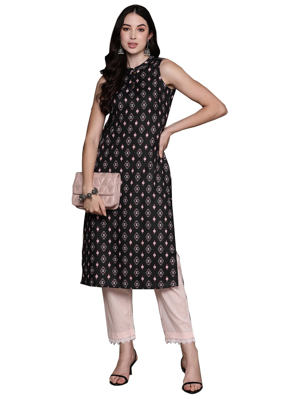 Anubhutee Women'S Cotton Abstract Black Straight Kurta