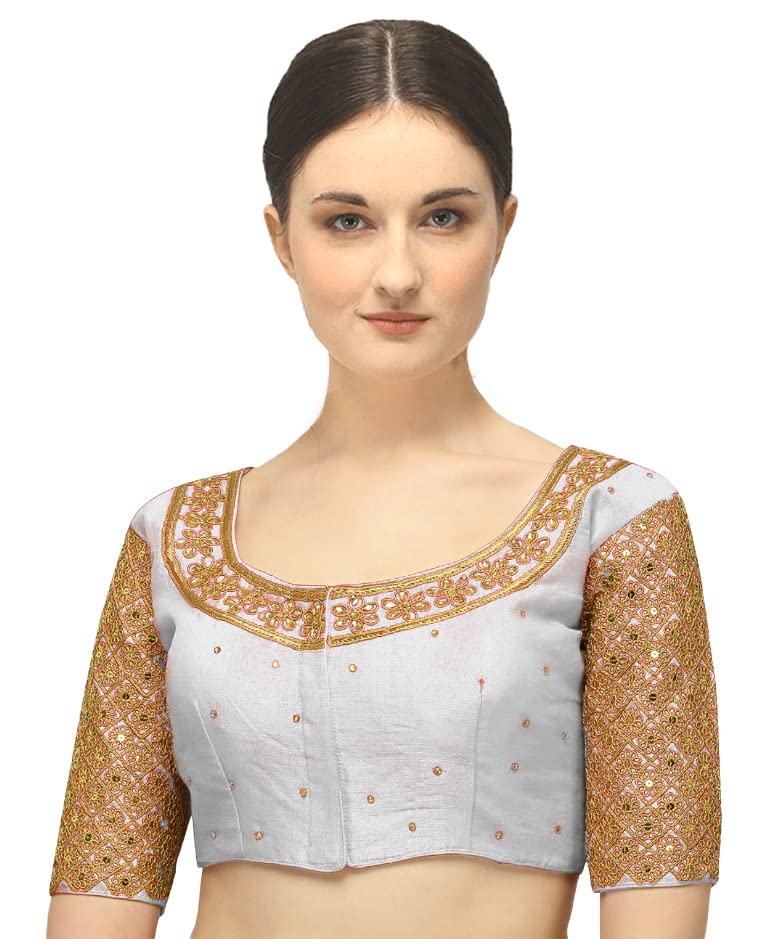 Pujia Mills Womens Embroidery Handwork Sequence Work Necklace Design Readymade Blouse (White, 36)