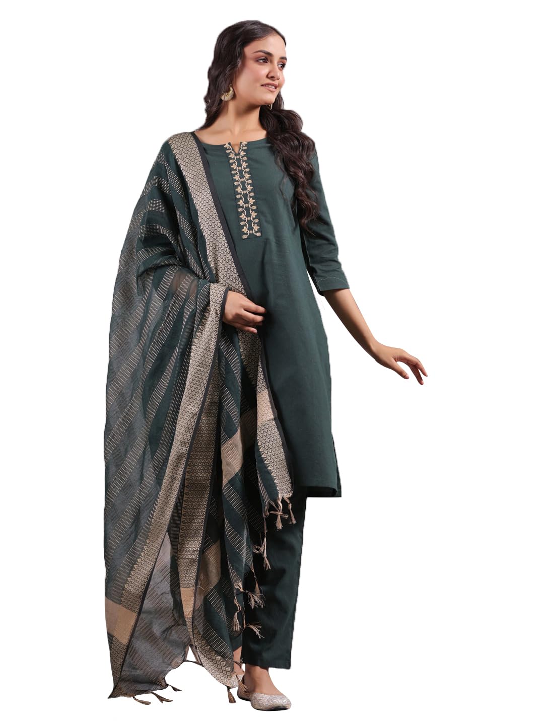 Anubhutee Women'S Bottle Green Ethnic Motifs Straight Kurta Withtrousers & Dupatta