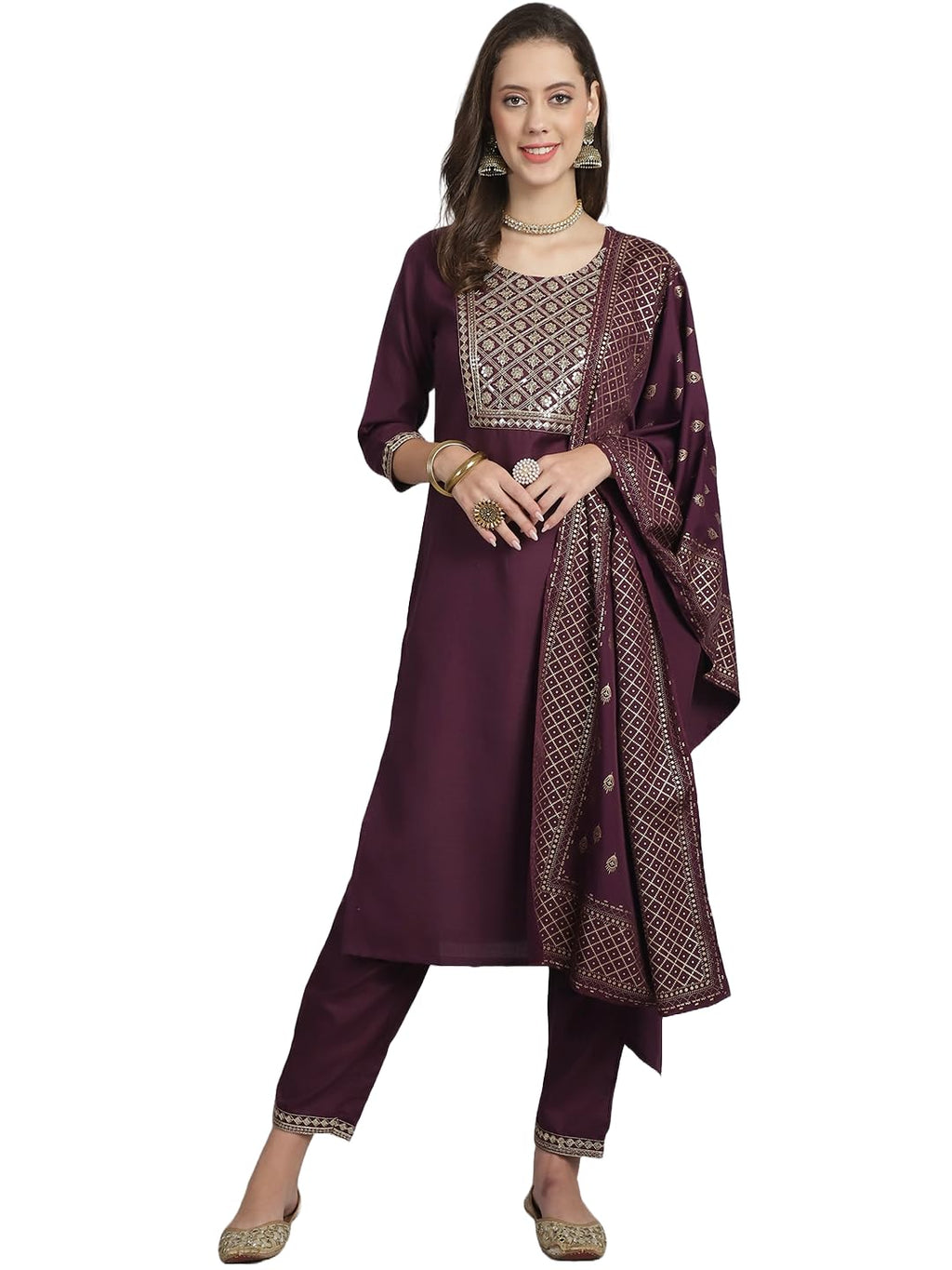 KLOSIA Women's Embroidered Purple Kurta set Suit with Dupatta (X-Large)