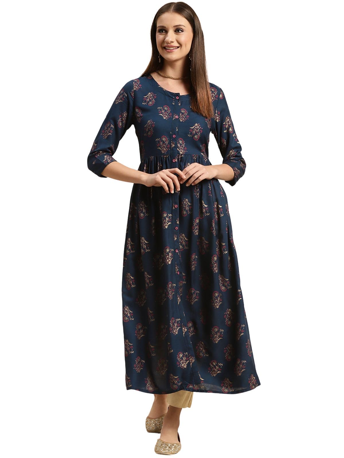 Rangita Navy Rayon Calf Length Printed Flared Kurti For Women | Kurta For Women_2Xl