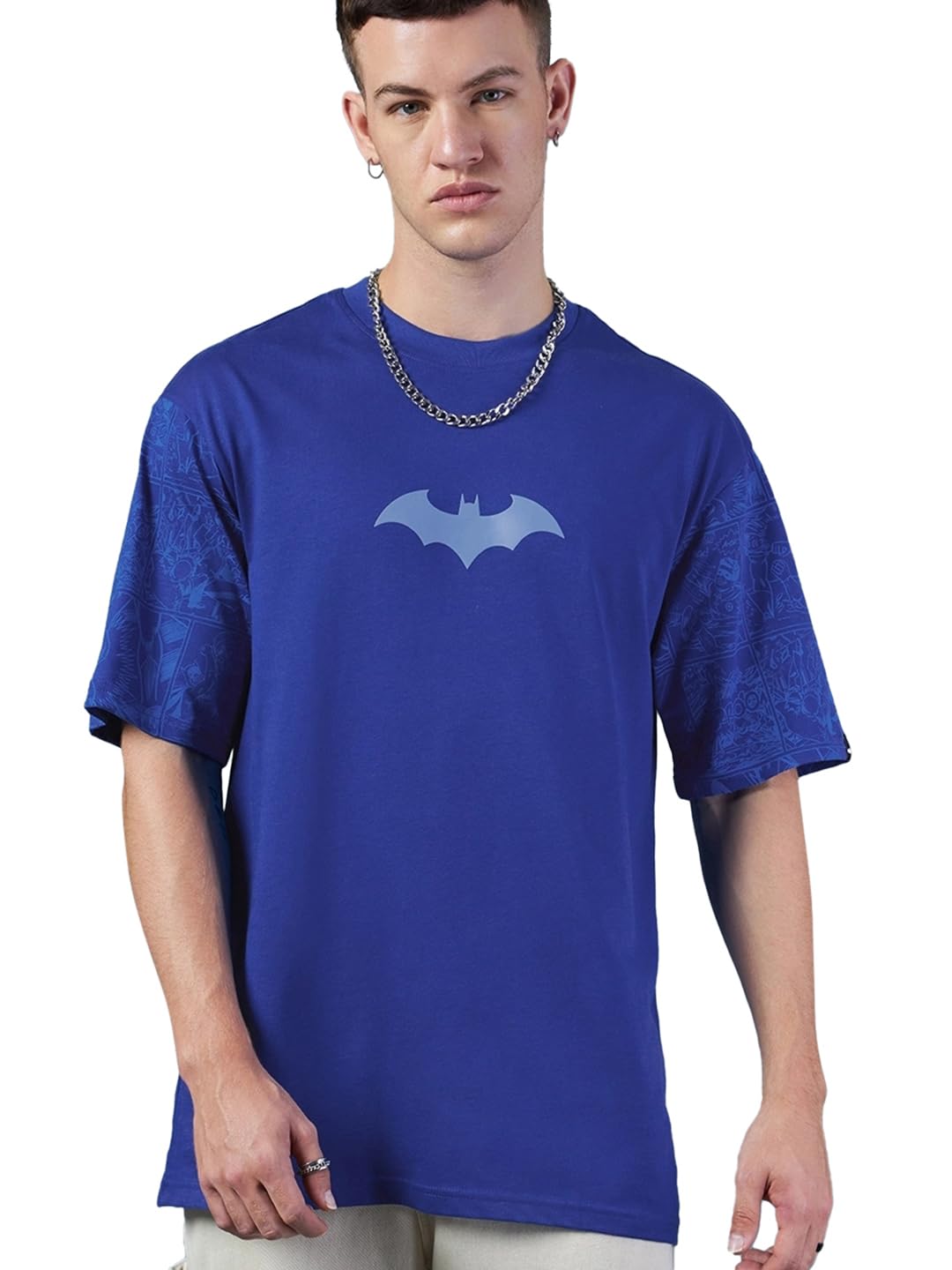 Bewakoof Official Dc Merchandise MenS Graphic Printed Oversized Fit Half Sleeve Round Neck Cotton Jersey T-Shirt_617007_Blue_M