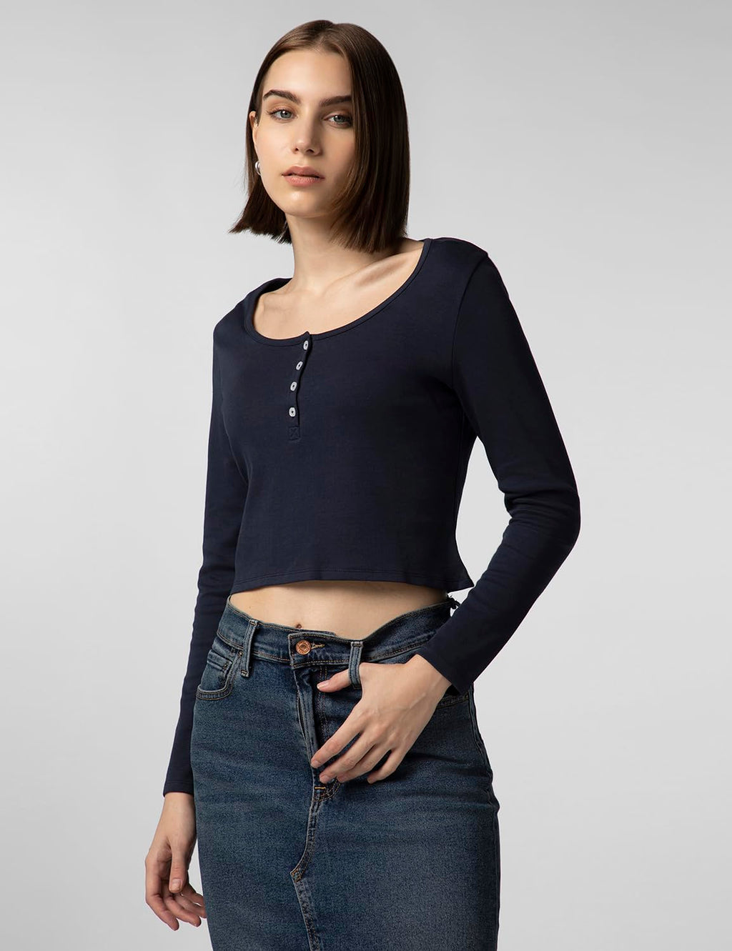 FYLTR Womens Casual Scoop Neck Henley T-Shirt - Full Sleeves | Fitted Length