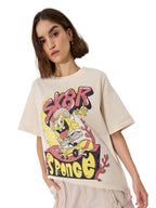 The Souled Store Official Spongebob: SK8R Women and Girls Short Sleeve Round Neck Graphic Printed Cotton Oversized T-Shirts Beig
