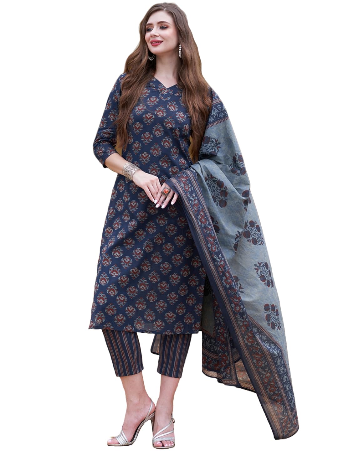 ANNI DESIGNER Womens Cotton Blend Straight Printed Kurta with Pant (Bagwara Blue_L_Blue_Large)