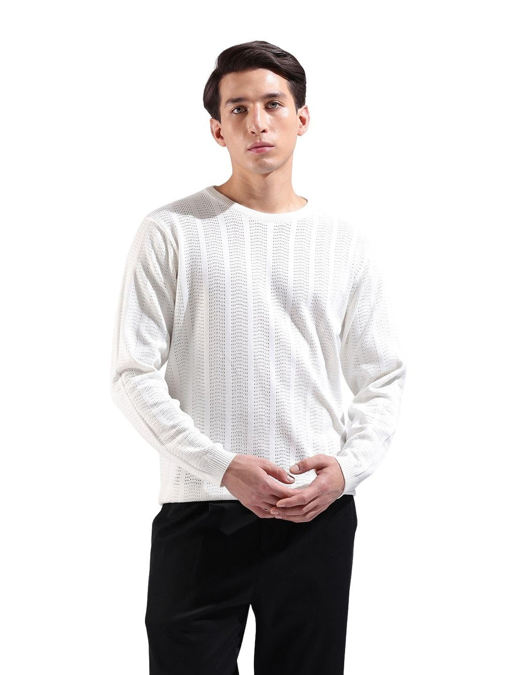 The Indian Garage Co Mens Slim Fit Textured Flatknit Full Sleeves Crew Neck T-Shirt