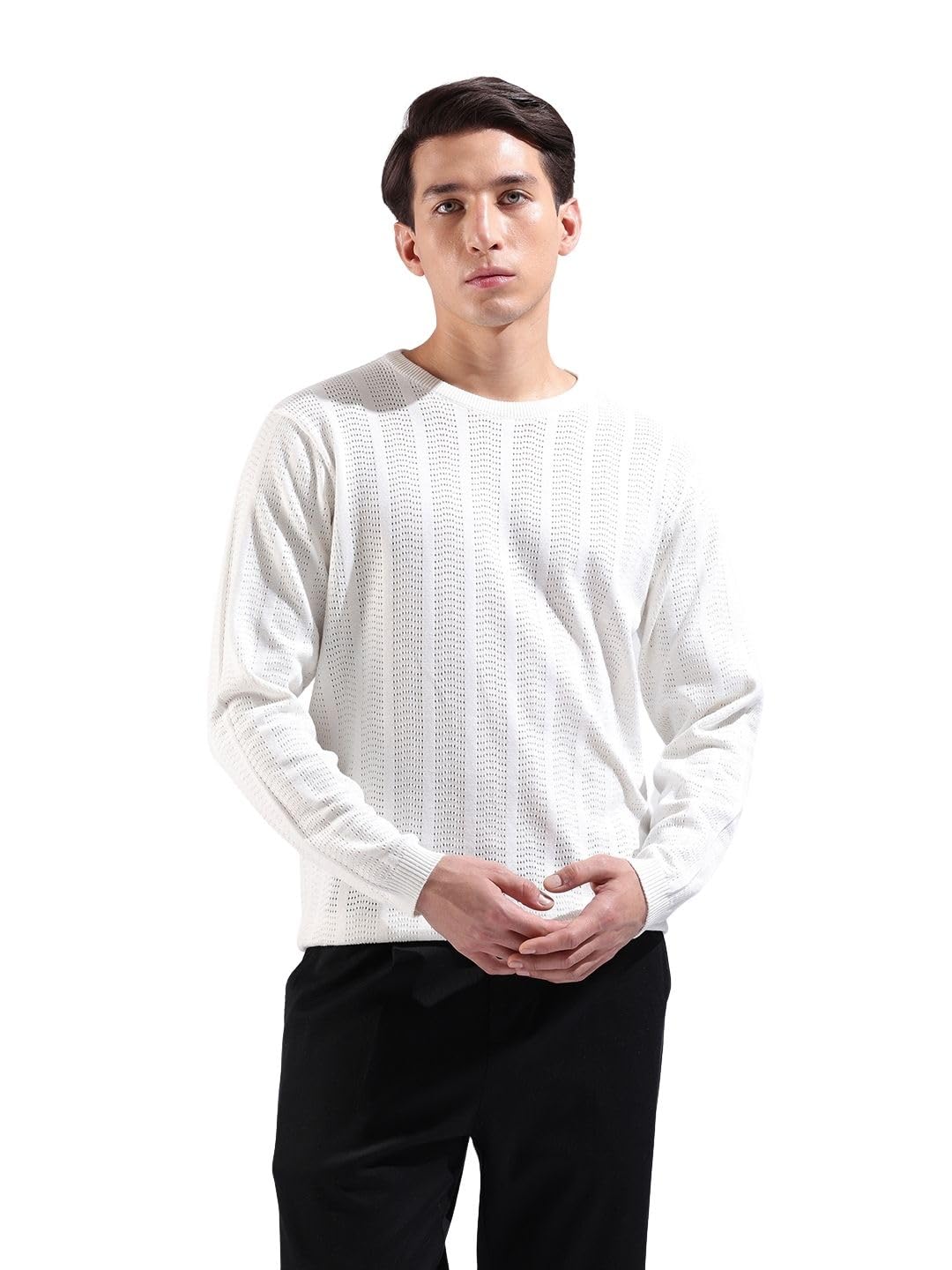 The Indian Garage Co Mens Slim Fit Textured Flatknit Full Sleeves Crew Neck T-Shirt