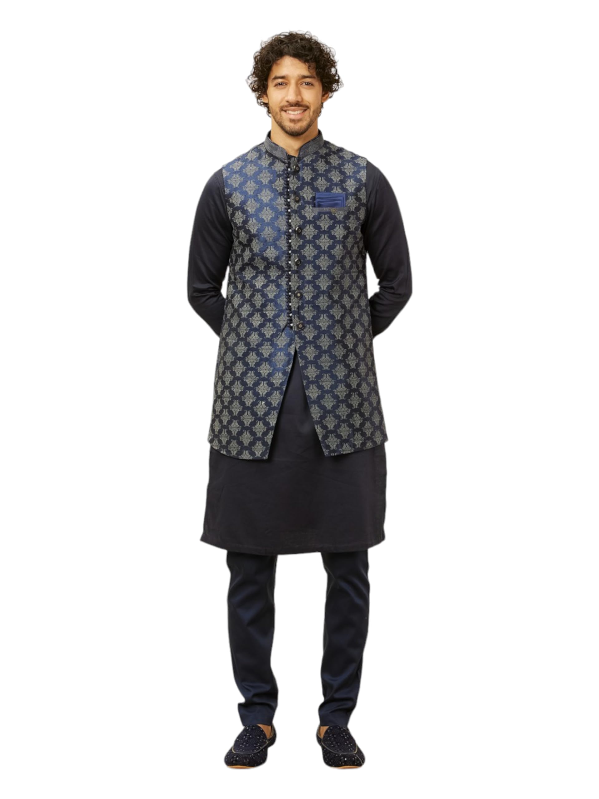 Manyavar Mens Blue Art Silk Self Design Kurta Pyjama Jacket Set