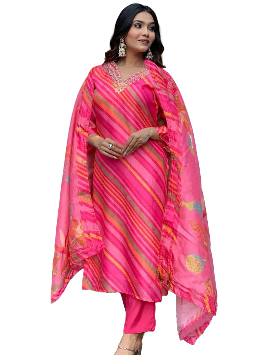 ANNI DESIGNER Womens Cotton Blend Straight Printed Kurta with Pant & Dupatta (Mang Pink_M_Pink_Medium)