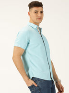 Thomas Scott Spread Collar Slim Fit Solid 100% Cotton Half Sleeve Shirt for Mens Aqua
