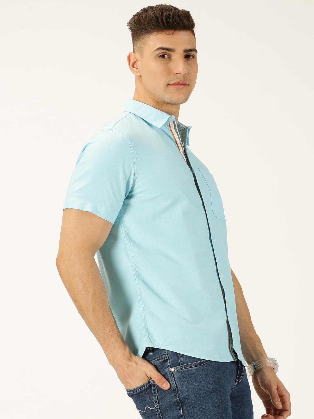 Thomas Scott Spread Collar Slim Fit Solid 100% Cotton Half Sleeve Shirt for Mens Aqua