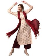 ANNI DESIGNER Womens Cotton Blend Floral Printed Straight Kurta with Pant & With Dupatta (AMD 28-Cream_S_Cream_Small)