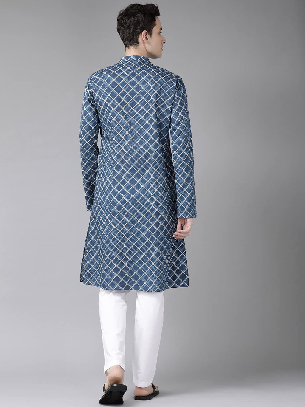 See Designs Blue & White Cotton Regular Fit Mandarin Collar Printed Kurta Set Two Pockets