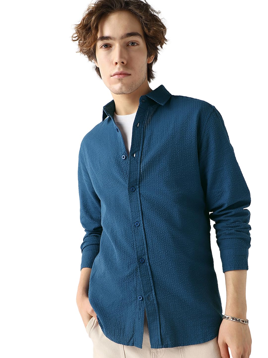 Bewakoof MenS Textured Regular Fit Full Sleeve Collar Cotton Shirt_646375_Blue_Xl
