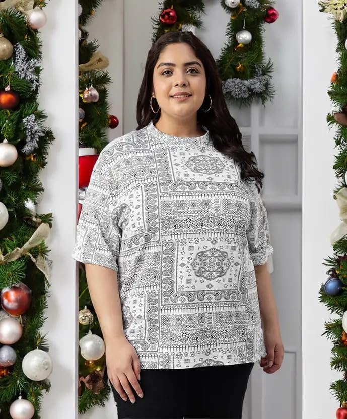 Juneberry 100% Pure Cotton Oversized Baggy Fit Stylish Paisley Bandana Print Half Sleeve Plus Size T-Shirt For Women & Girls (Jb