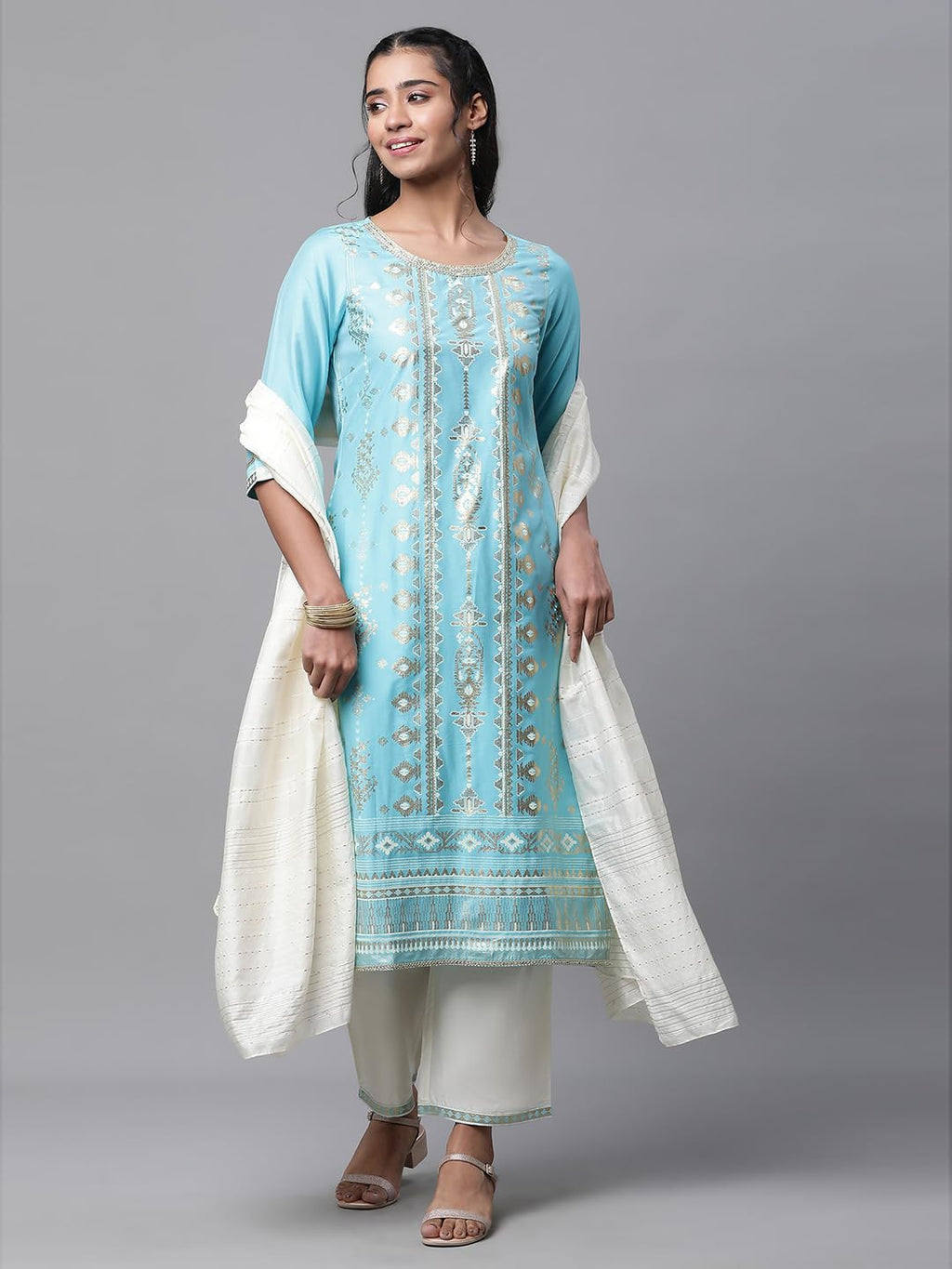 Aurelia Women Sea Jet Viscose Straight Kurta, Trousers, Dupatta Suit Set