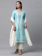 Aurelia Women Sea Jet Viscose Straight Kurta, Trousers, Dupatta Suit Set