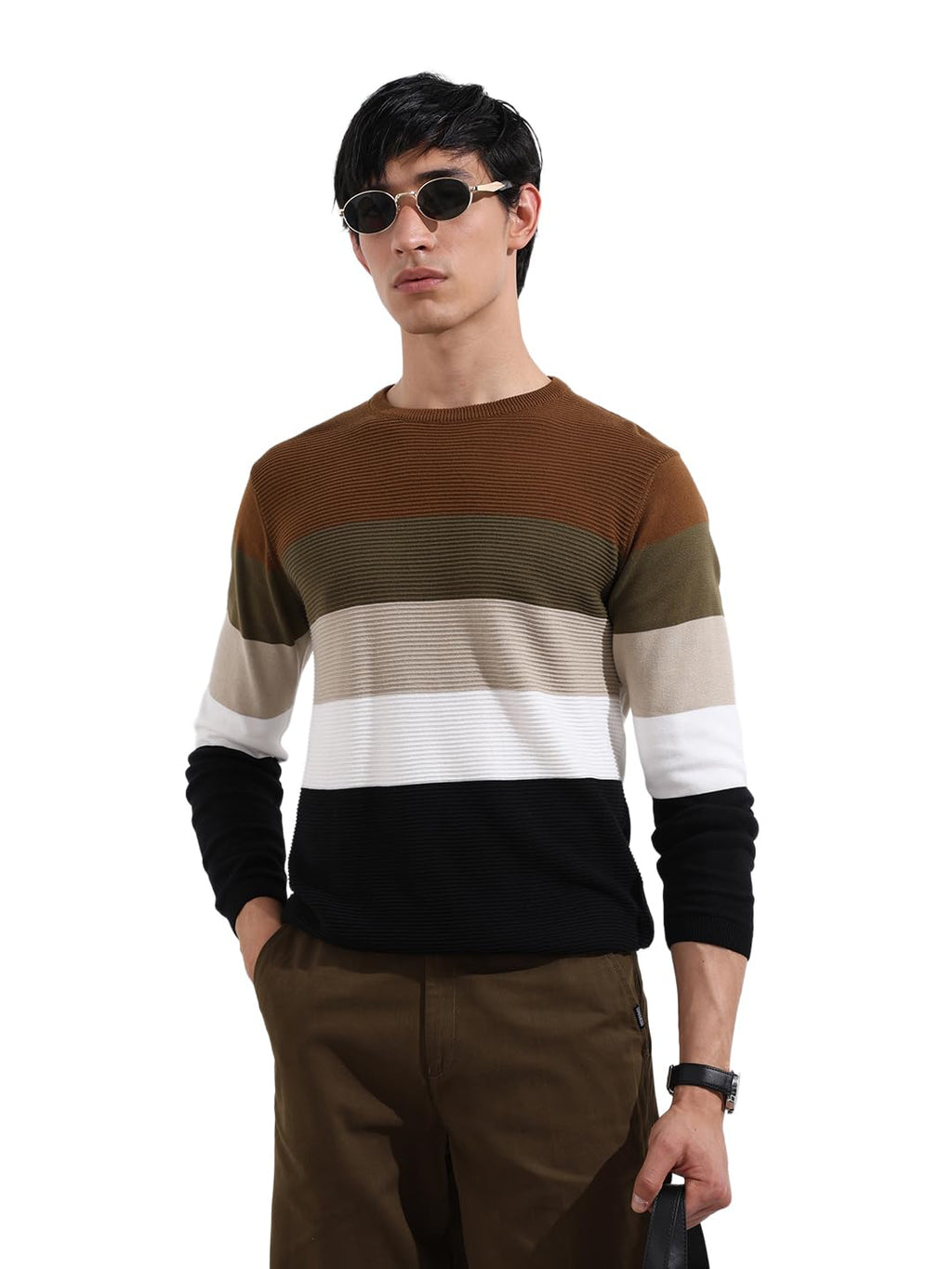The Indian Garage Co Mens Slim Fit Colourblocked Long Sleeves Crew Neck Flat Knit T-Shirt