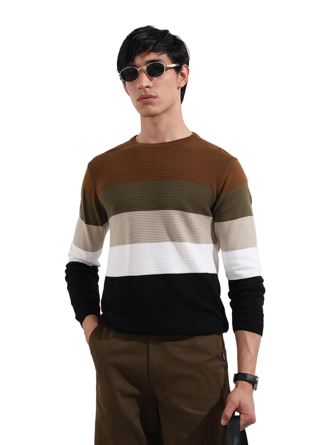 The Indian Garage Co Mens Slim Fit Colourblocked Long Sleeves Crew Neck Flat Knit T-Shirt