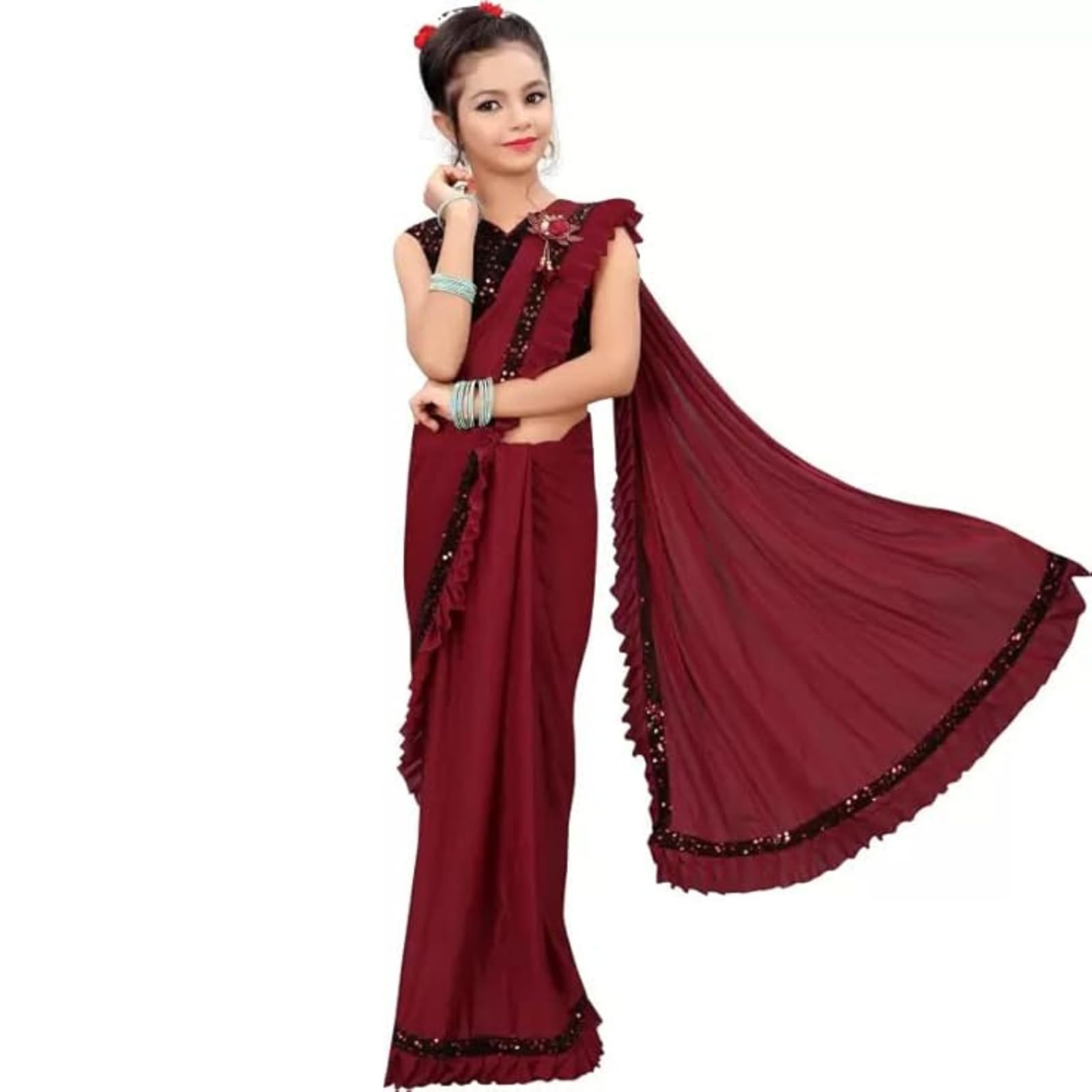 Dhyey Fashion Girls Lycra Blend Ruffle Pattern Saree With Velvet Unstitched Blouse Piece