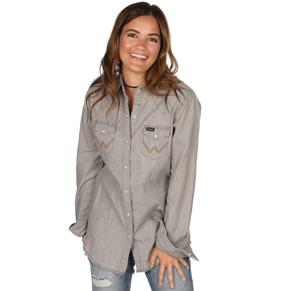 Wrangler womens Long Sleeve Western Snap Work Shirt Blouse, Gray, Medium US