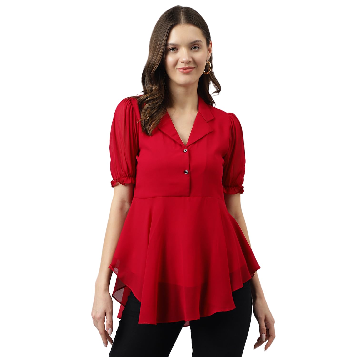 Toochki Womens Red Georgette Solid High Low Western Top | Winter Top | Western Top | Top for Women | Latest Women Top | Trendy 
