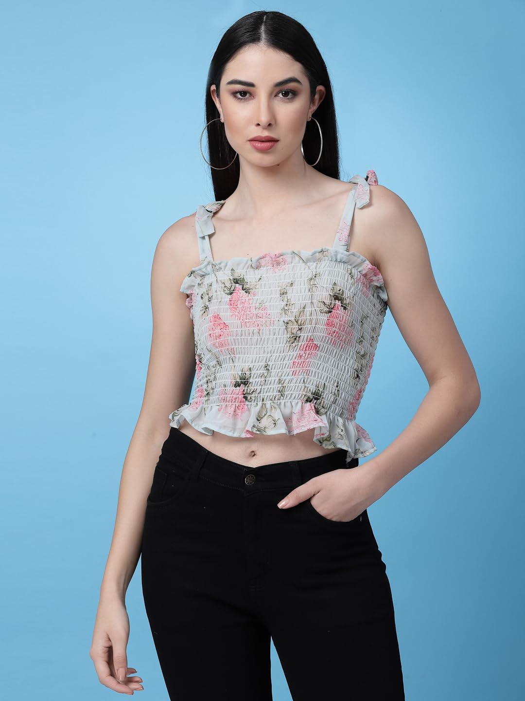 OOMPH! Sleeveless Floral Crop Tops for Women Western, Blue - mt604
