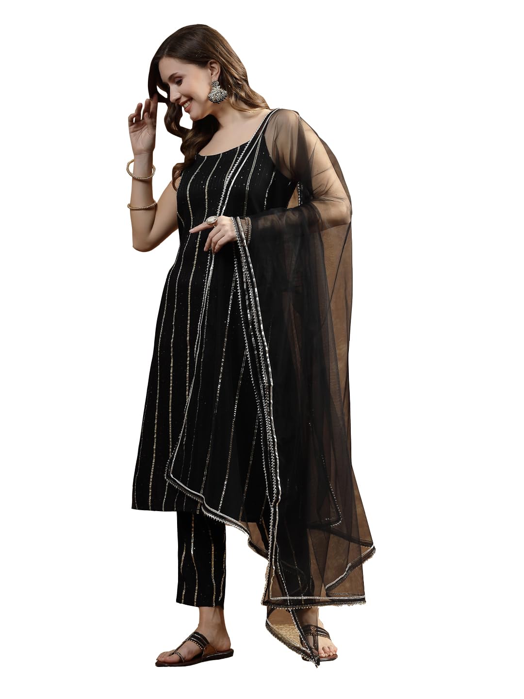 Stylum Women'S Embroidered & Embellished Rayon Straight Kurta Pant Dupatta Set (Kpdblackgota42_Black, Xl)