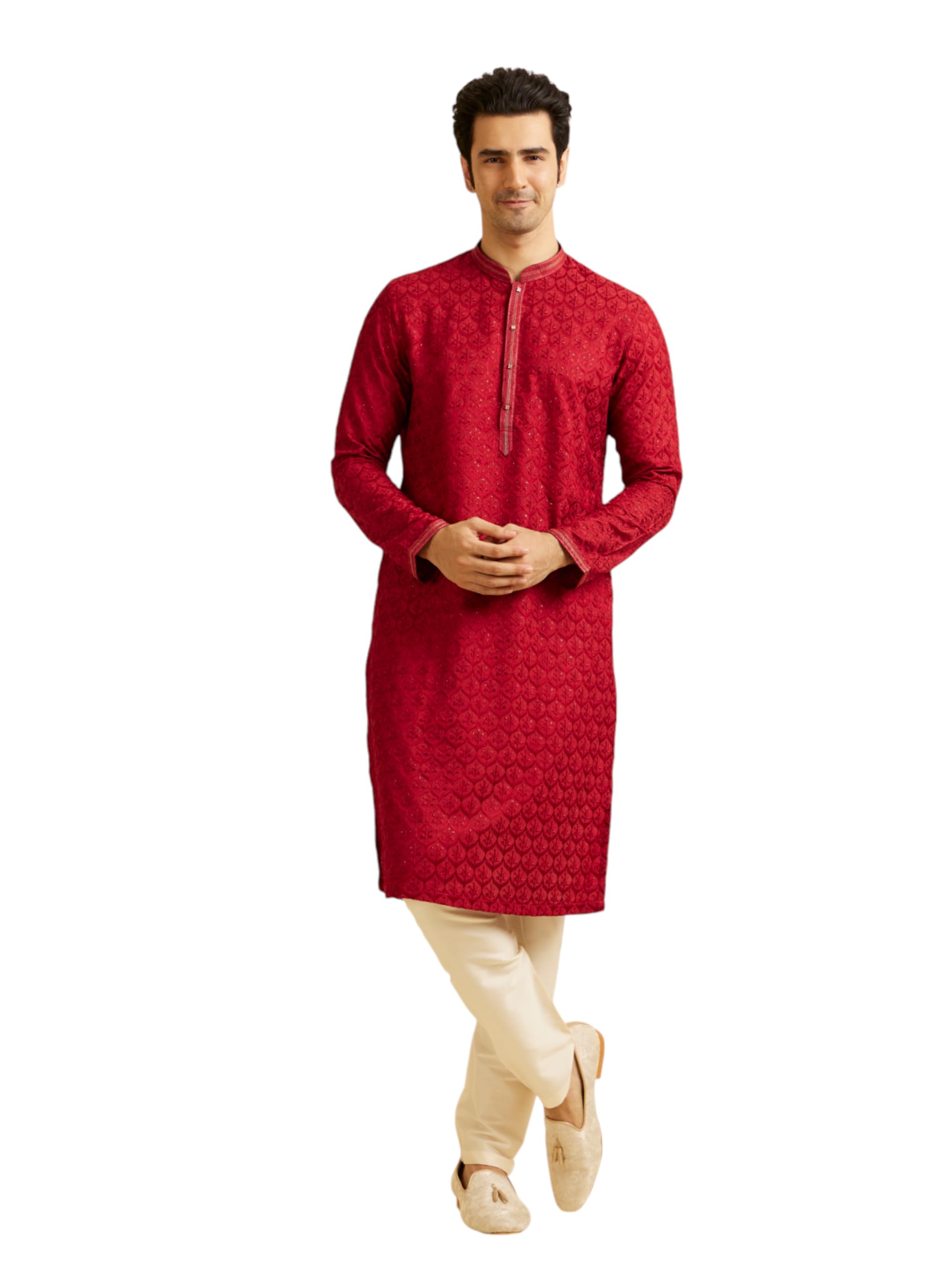 Manyavar MenS Art Silk Embroidered Zari Kurta Pyjama Set (Red,Xxl)