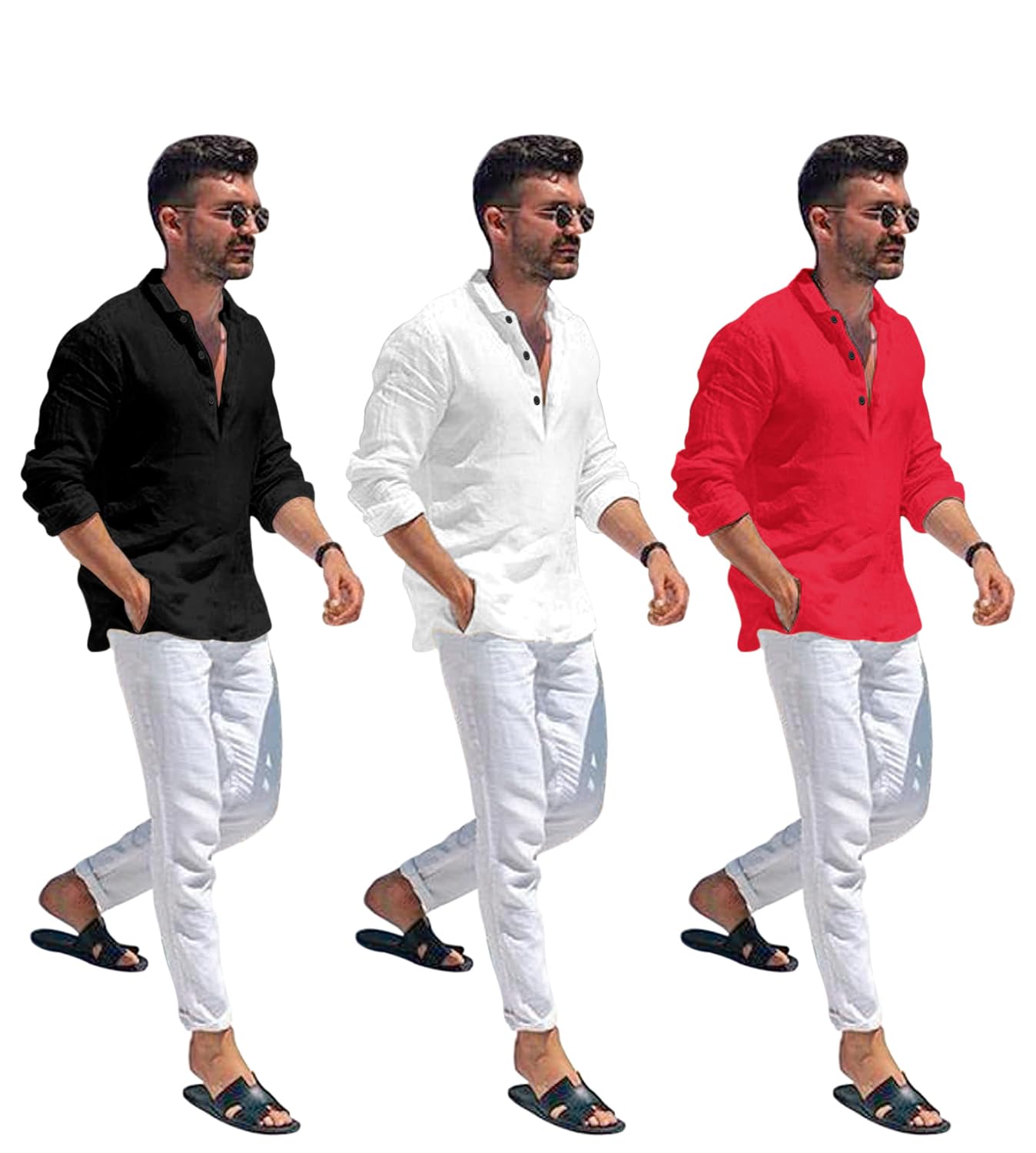 Zartha Combo Of Men Solid Cotton Blend Straight Kurta Shirt Pack Of 3