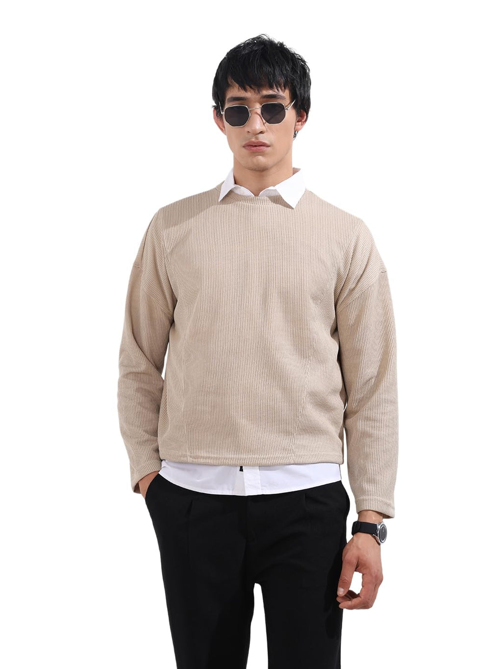 The Indian Garage Co Mens Boxy Textured Full Sleeves Crew Neck T-Shirt