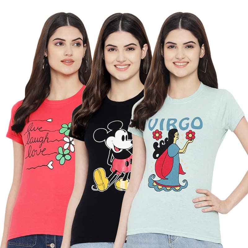 Preneum Womens Cotton Regular Fit Latest Graphic Stylish Printed Short Sleeves Casual T-Shirt || Trendy (Pack 3), Pink & Black 