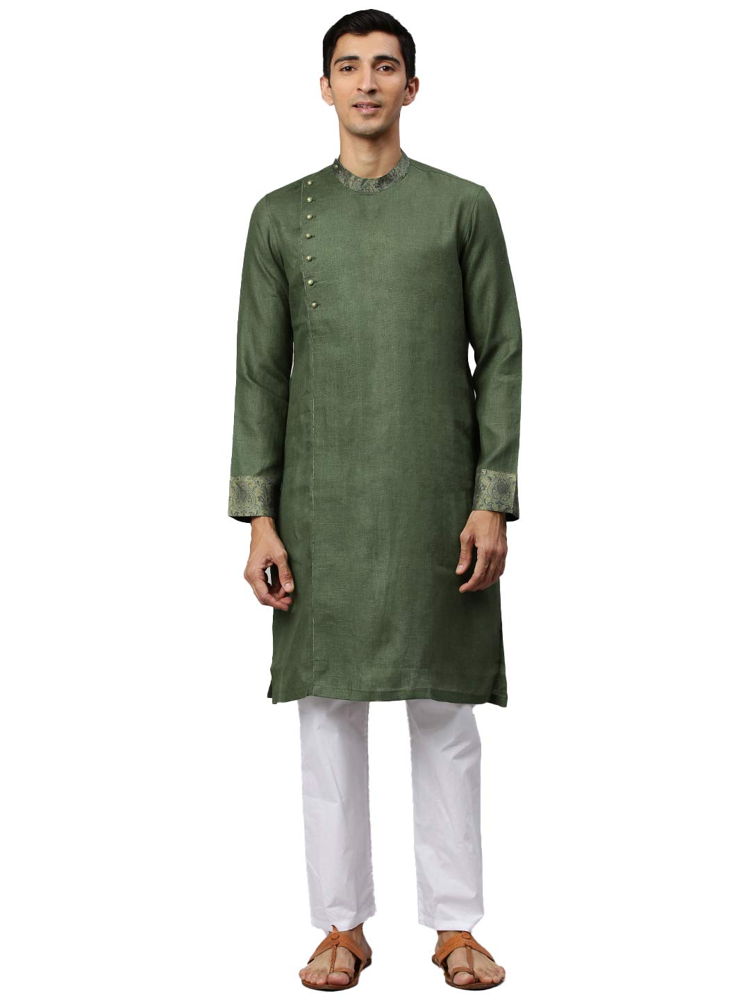 Manyavar MenS Linen Kurta (Ml11939-316-L_Green_L)