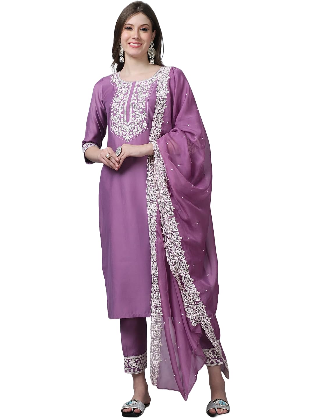 Alvami Silk Women Embroidery Kurta Pant With Dupatta (Medium) Pink