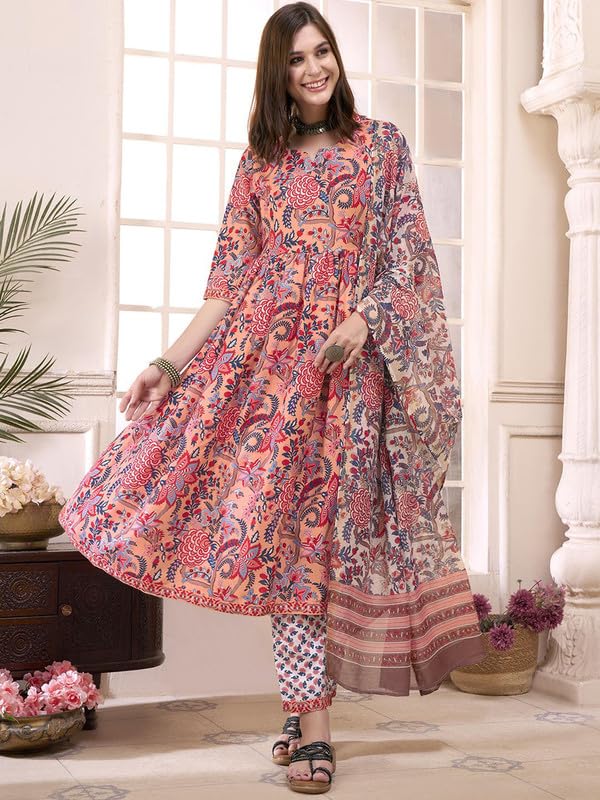 Tee Projekt WomenS Cotton Blend Sweetheart Neck Anarkali Kurta Pant With Dupatta Set Pink