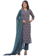 ANNI DESIGNER Womens Rayon Blend Straight Printed Kurta with Pant & Dupatta (Shaniya Grey_S_Grey_Small)